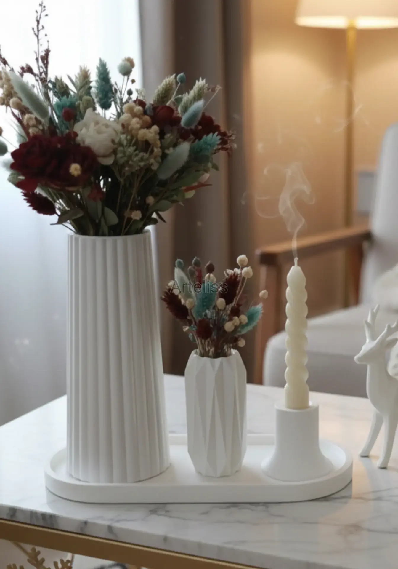 Dekoratif Tepsili Silindir Vazo Şamdan Seti