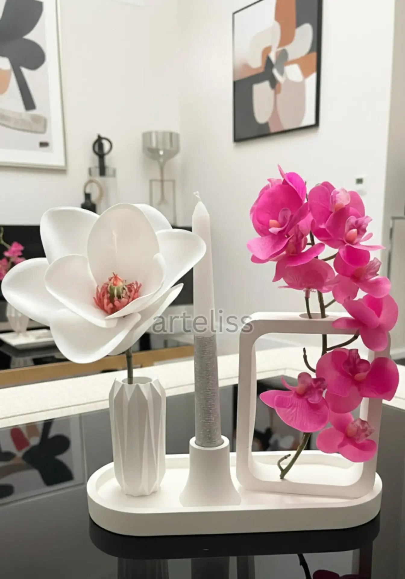 Dekoratif Tepsili Çerçeve Vazo Şamdan Seti