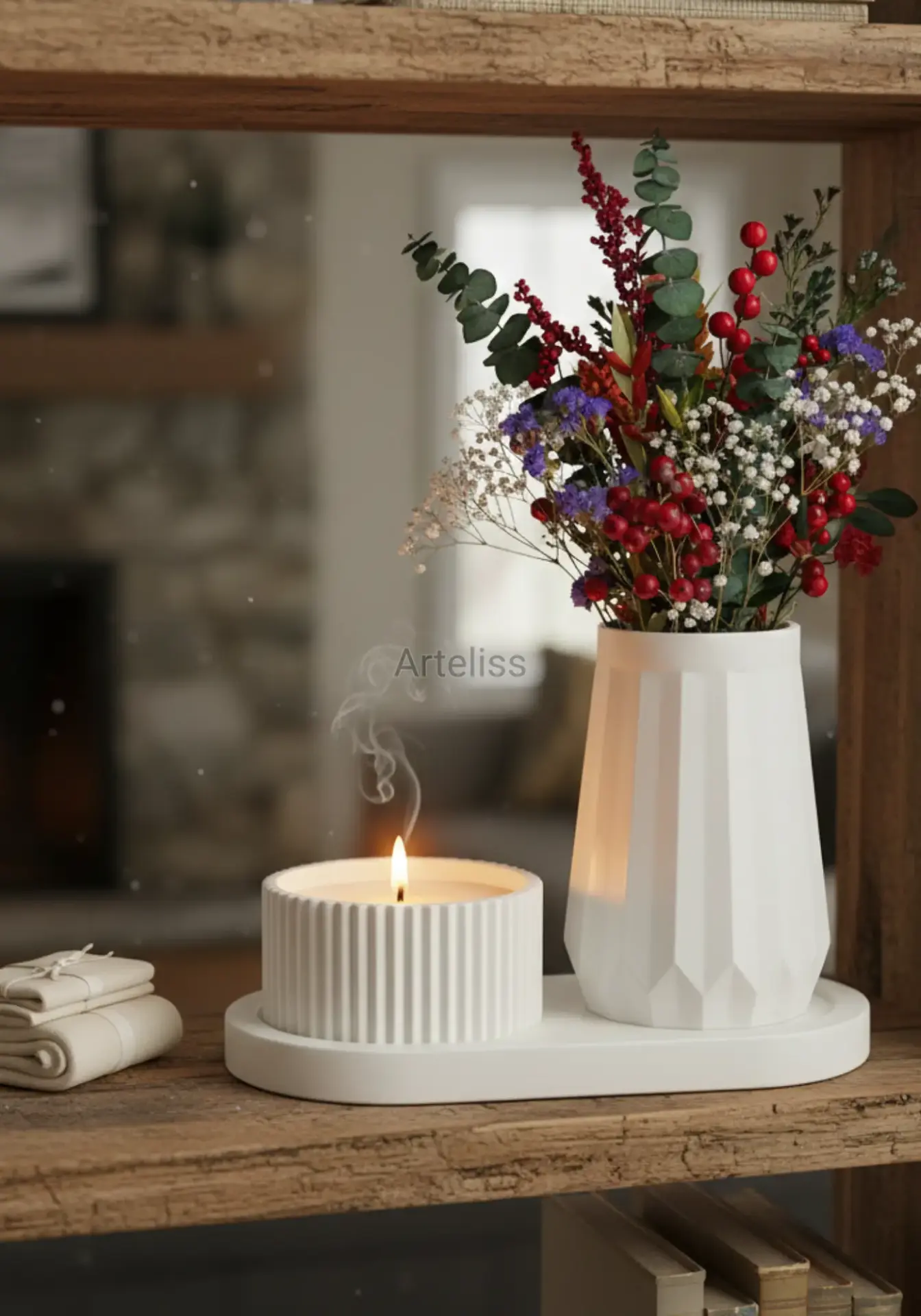 Tepsili Ahşap Fitilli Kokulu Mum Mini Vazo Seti