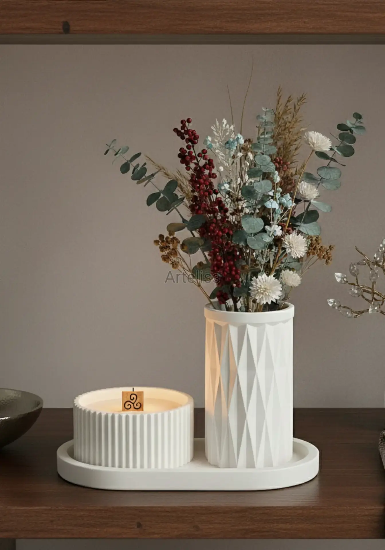 Tepsili Ahşap Fitilli Kokulu Mum Mini Vazo Seti