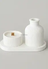 Tepsili Ahşap Fitilli Kokulu Mum Mini Vazo Seti