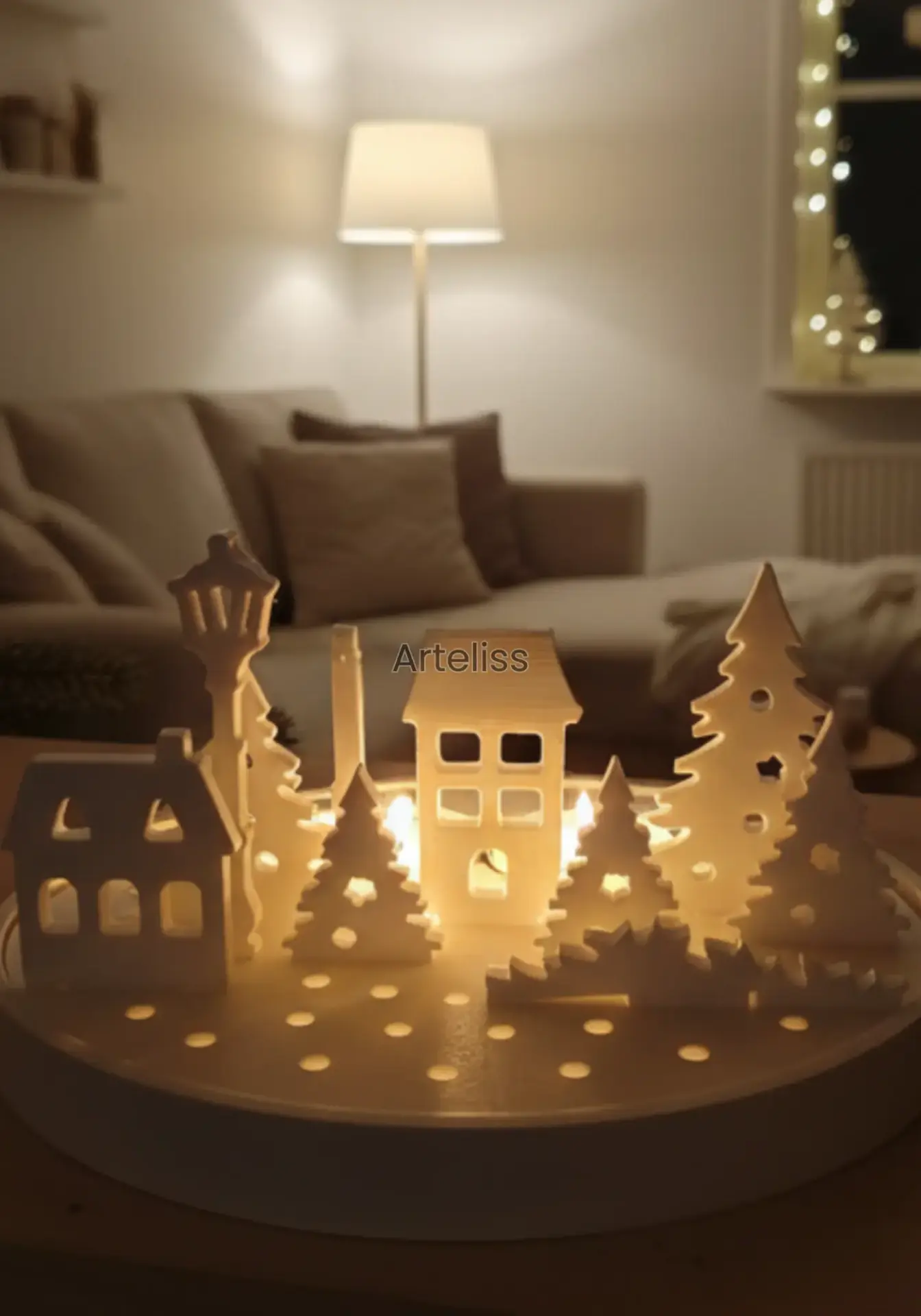 Kar Ev Manzaralı Tealight Mumlu Standlı Dekor Set