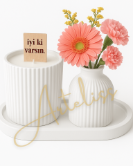 Dekoratif Ahşap Fitil Kokulu Mum Çizgili Vazo Set