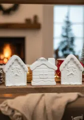 3'lü Beyaz Dekoratif Kış Evi Seti | Boyanabilir