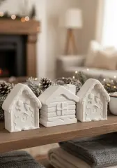 3'lü Beyaz Dekoratif Kış Evi Seti | Boyanabilir