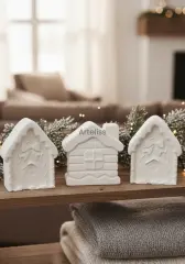 3'lü Beyaz Dekoratif Kış Evi Seti | Boyanabilir