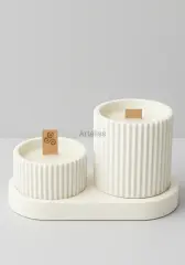 İkili Ahşap Fitilli Tepsili Kokulu Mum Seti