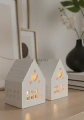 Kalpli İkili Işık Evi Beyaz Dekoratif Obje