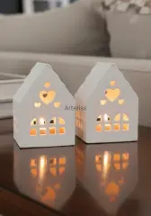 Kalpli İkili Işık Evi Beyaz Dekoratif Obje