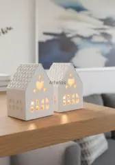 Kalpli İkili Işık Evi Beyaz Dekoratif Obje