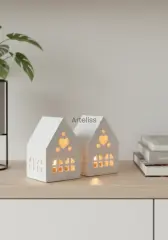 Kalpli İkili Işık Evi Beyaz Dekoratif Obje
