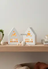 Kalpli İkili Işık Evi Beyaz Dekoratif Obje