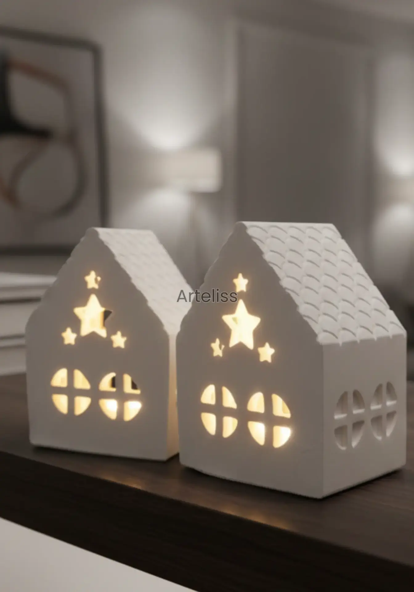 Dekoratif Yıldızlı Işık Evi İkili Ev Obje Mumluk