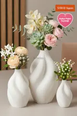 Terra Twist | Mat Beyaz Dokulu 3'lü Modern Vazo Seti