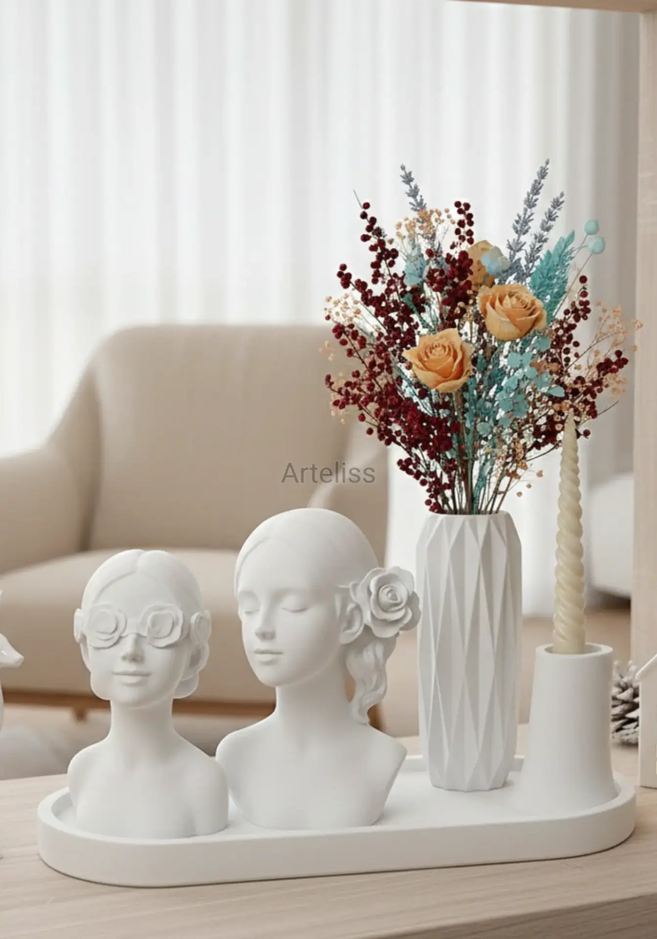 Dekoratif Tepsili Çiçek Kızlar Vazo Şamdan Seti