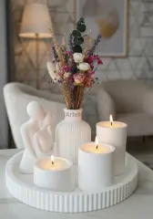 Romantik Mutlu Çift Sunum Tepsili Mum Dekor Seti
