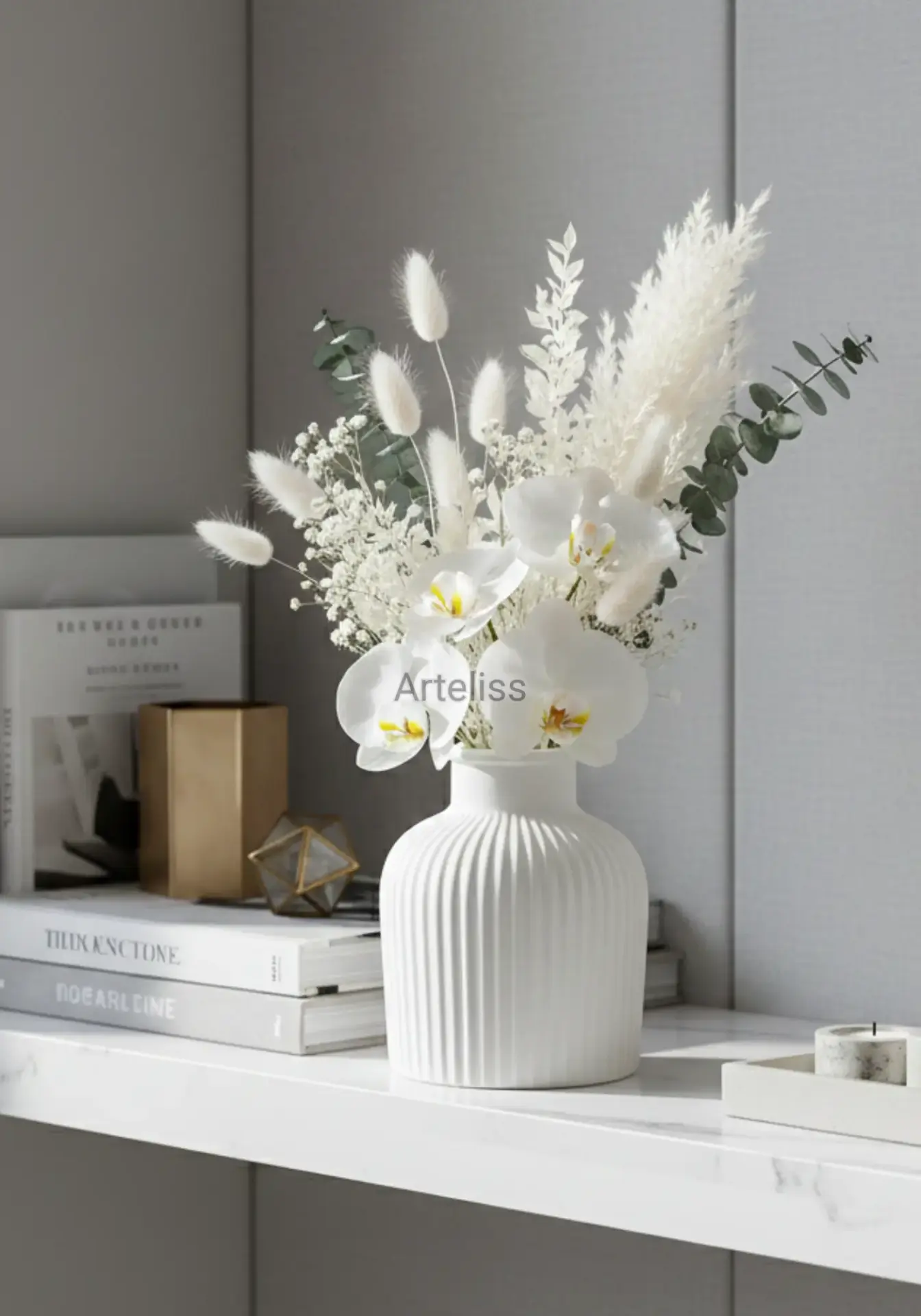 Dekoratif Çizgili Desenli Mini Pampas Vazosu