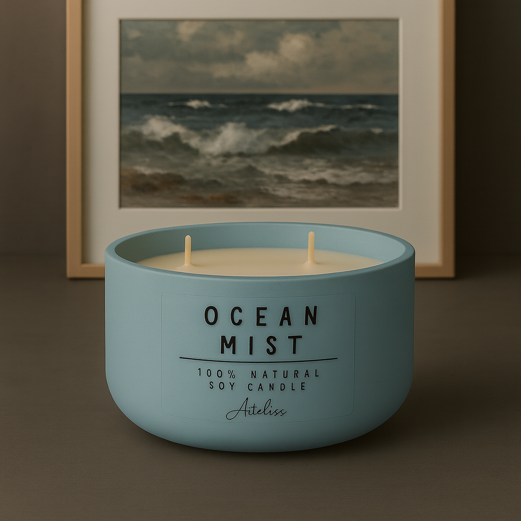 Okyanus Kokulu Mum | Dekoratif Yuvarlak Form Çift Fitilli Mum | Ocean Mist